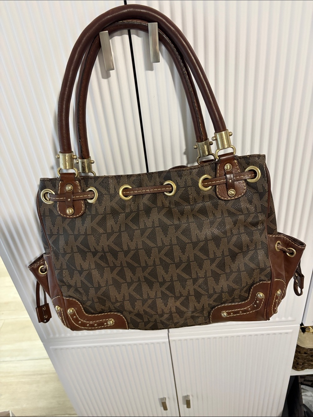 Michael Kors Brown MK Logo Drawstring Tote with Leather Trim - Picture 2 of 12